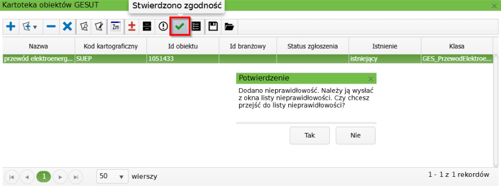 Widok okna kartoteki obiektów GESUT z potwierdzeniem zgodności