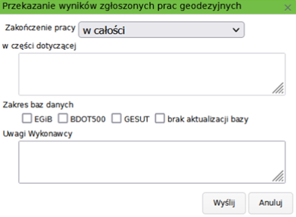 Widok okna przekazania wyników zgłoszonych prac geodezyjnych