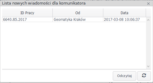 Widok okna z listą nowych wiadomości dla komunikatora